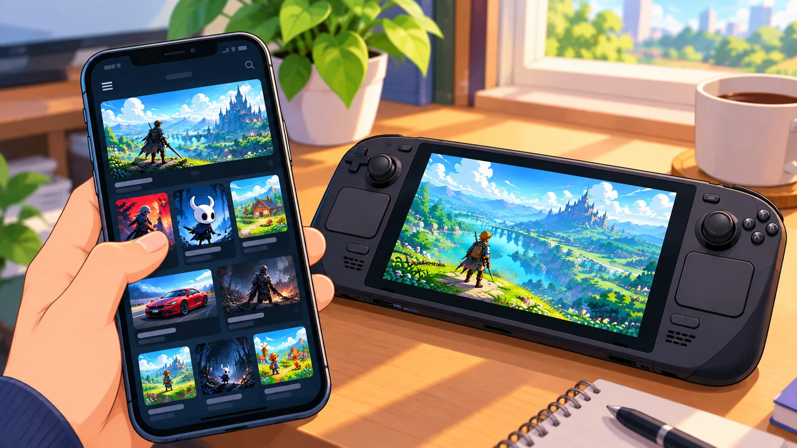 Hand hält ein Smartphone mit einer Spieleseite, daneben ein Handheld