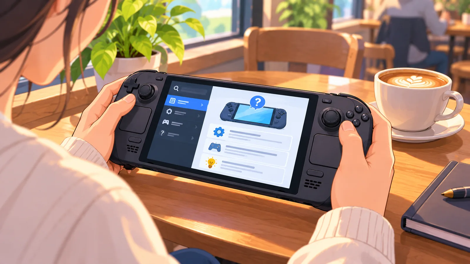 Person liest am Handheld eine Hilfeseite mit Fragen und Antworten