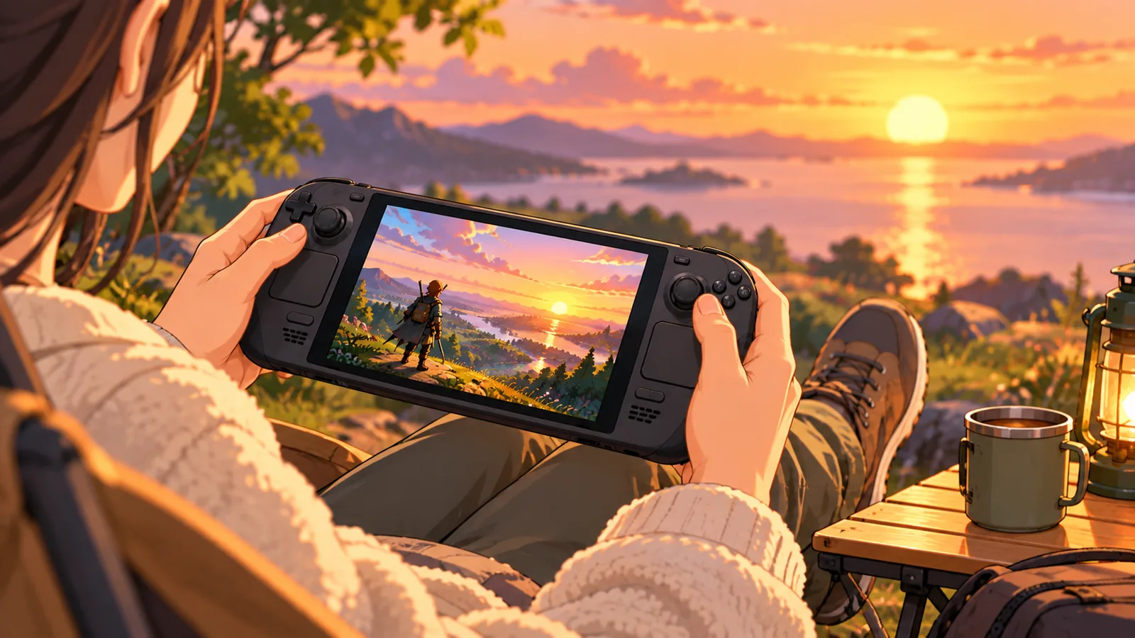Entspannte Person mit Handheld im Freien bei Sonnenuntergang
