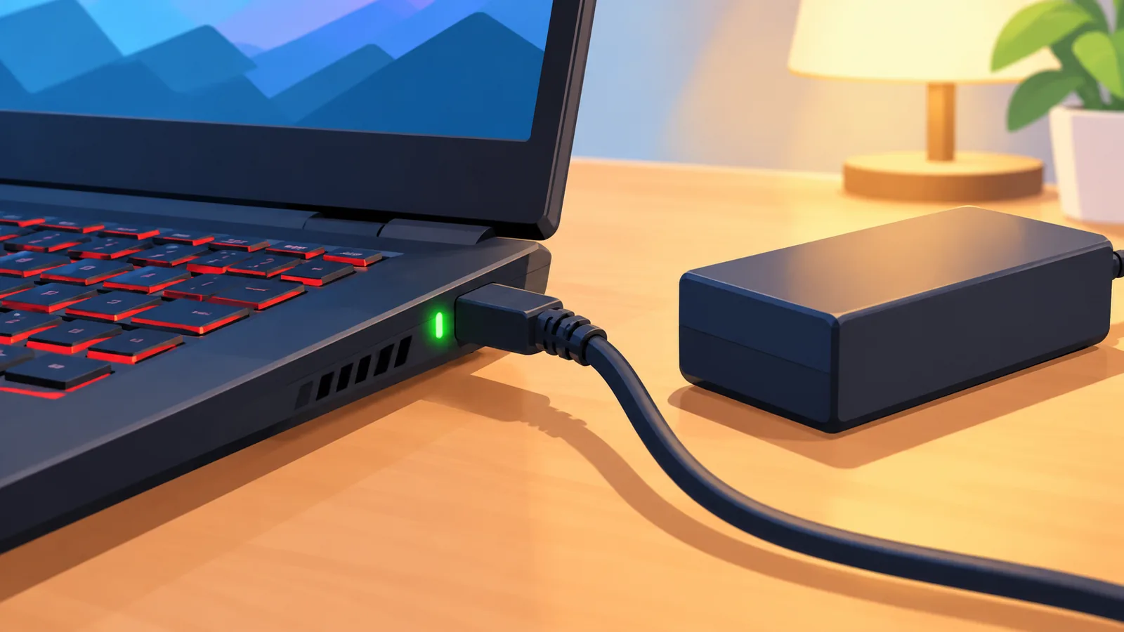 Gaming-Laptop mit angeschlossenem Original-Netzteil auf einem Schreibtisch