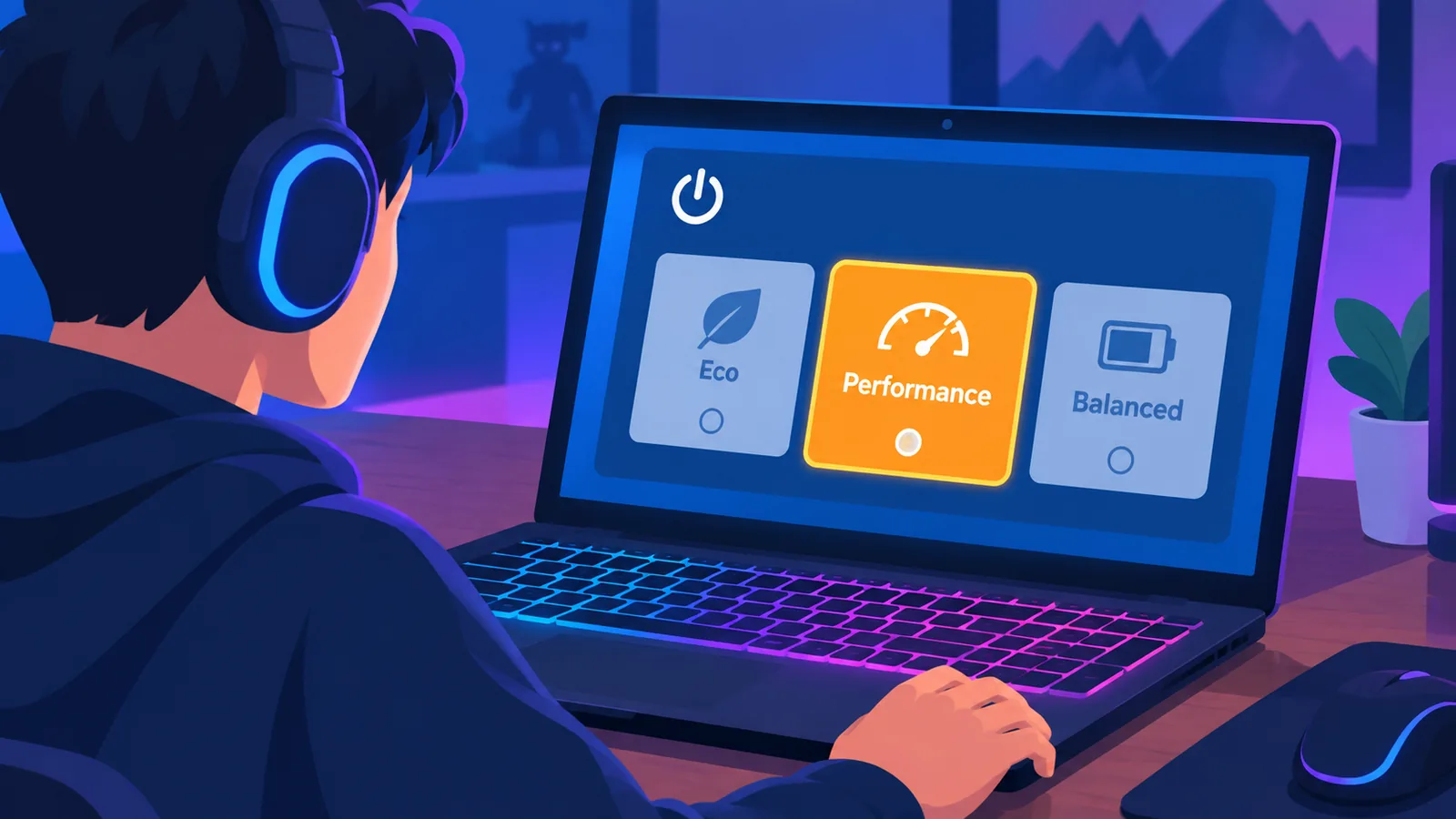 Spieler stellt den Leistungsmodus am Gaming-Laptop ein