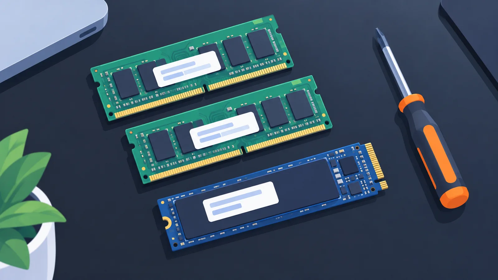 Zwei RAM-Riegel und eine SSD für den Laptop