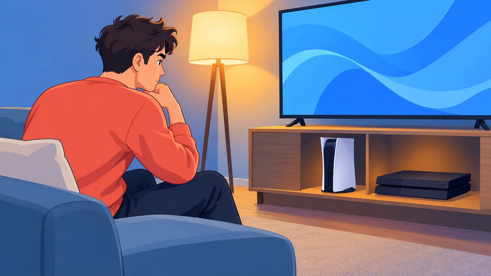 Spieler im Wohnzimmer vor dem Fernseher mit PS5 und PS4 nebeneinander