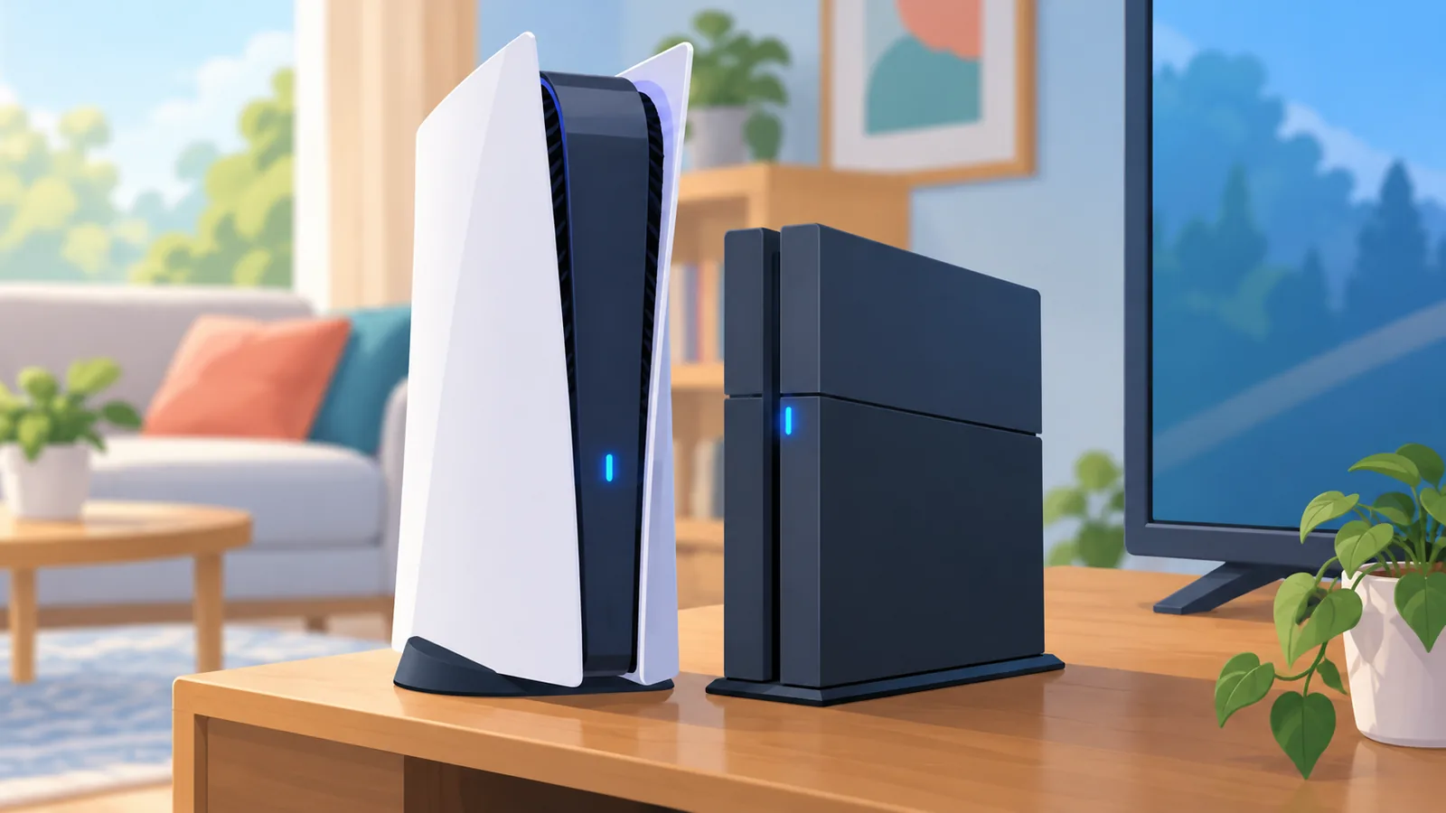 PS5 und PS4 stehen nebeneinander auf einem TV-Board