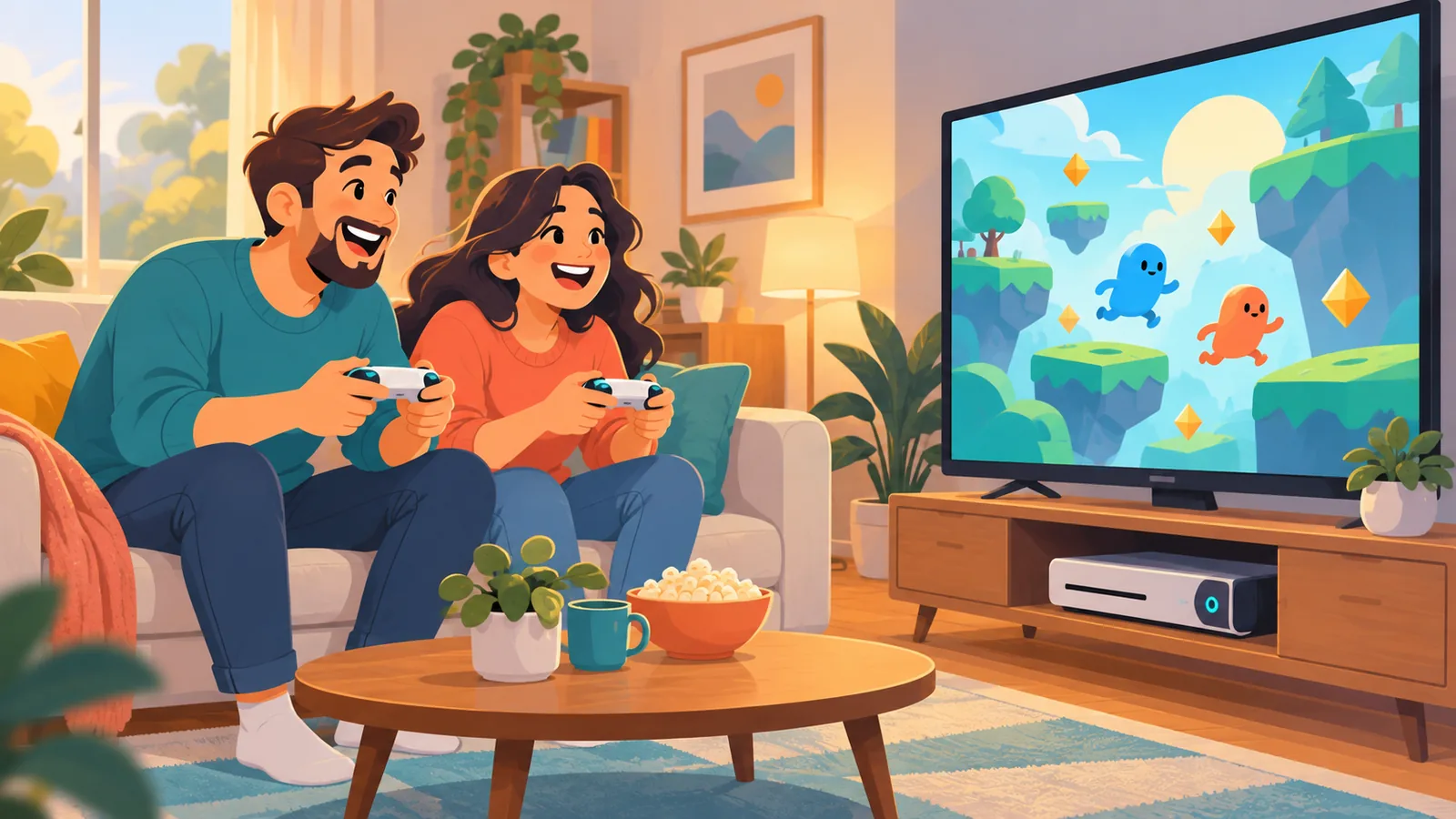 Zwei Freunde spielen gemeinsam auf dem Sofa