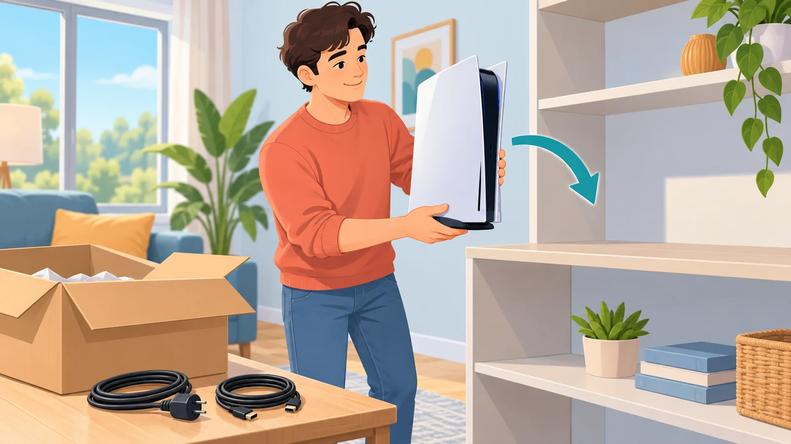 Person stellt eine PS5 beim Umzug auf ein neues Regal