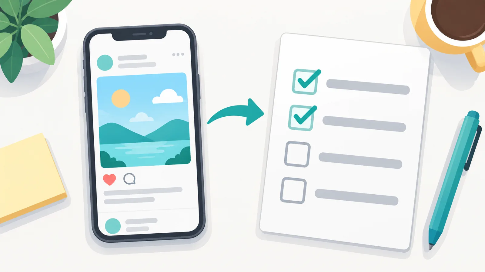 Smartphone mit Social-Media-Beitrag neben einer Checkliste