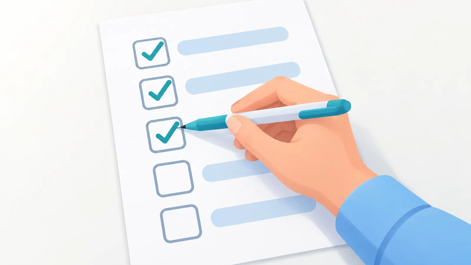Hand hakt Punkte auf einer Checkliste mit fünf Einträgen ab