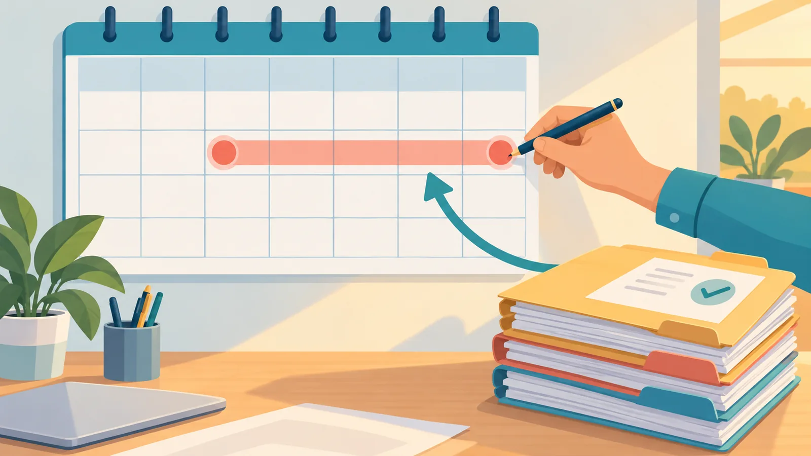 Kalender mit markiertem Zeitraum und Stapel von Abrechnungsakten