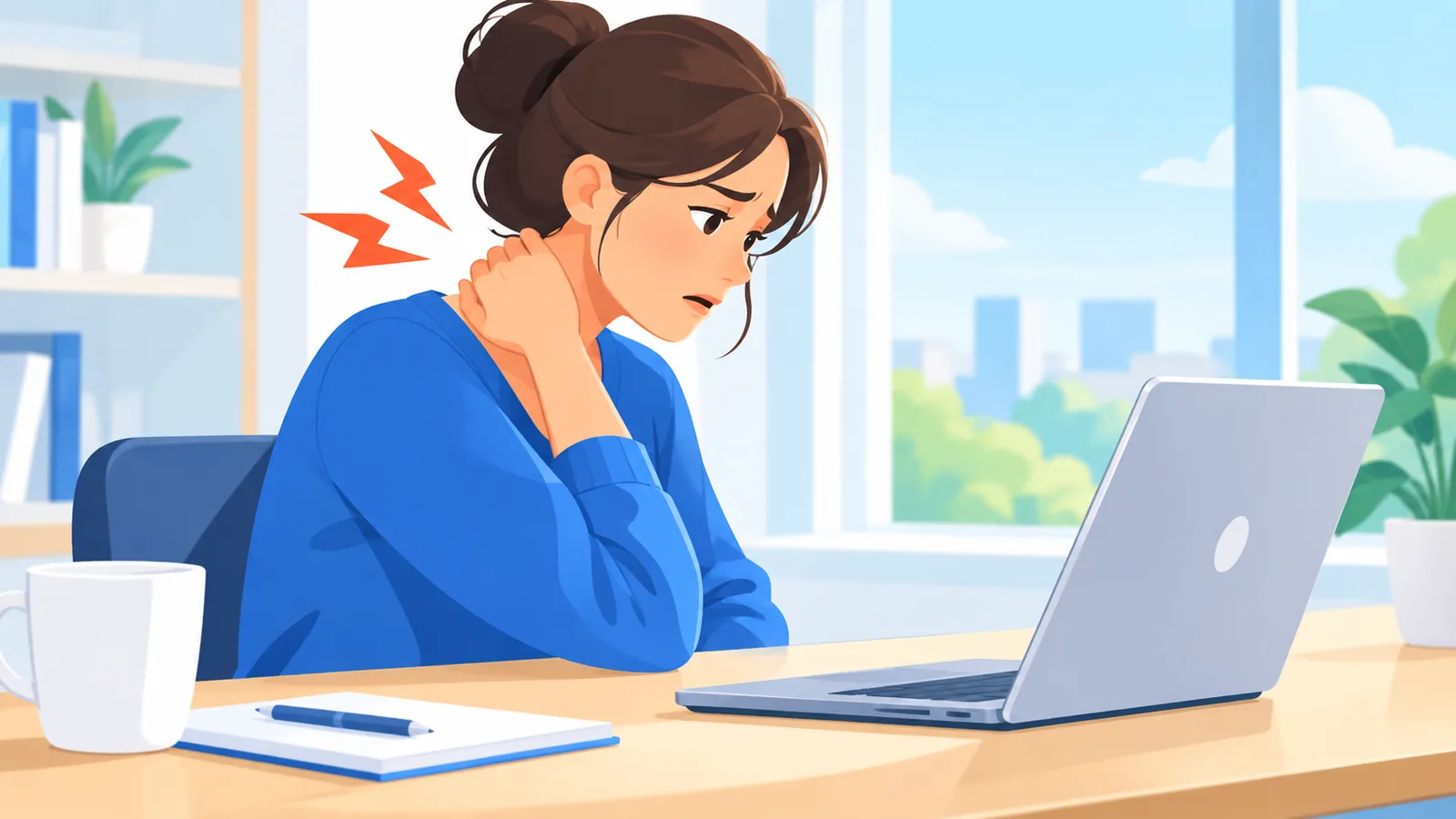 Frau sitzt mit nach vorn gerundeten Schultern am Laptop im Homeoffice
