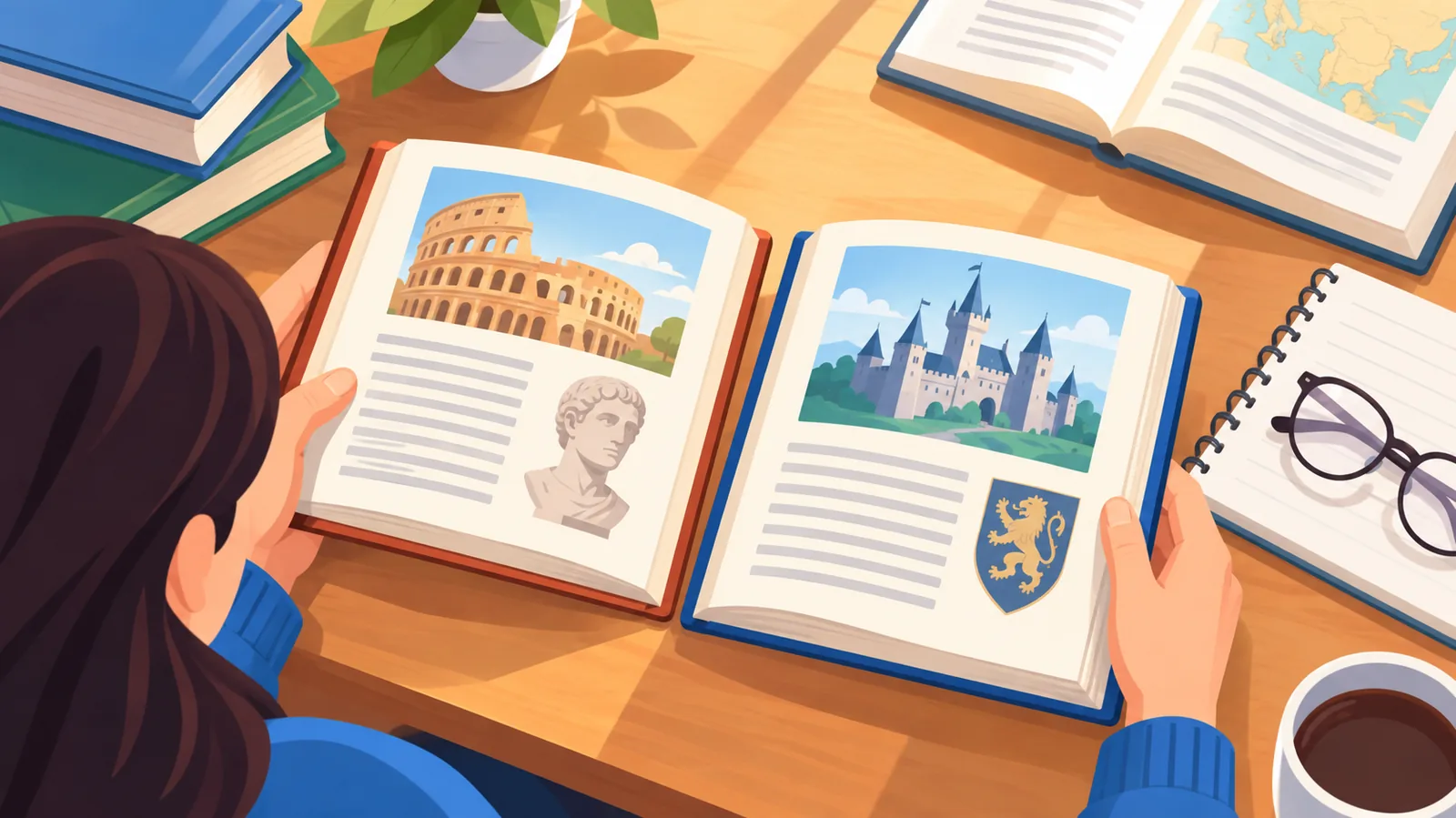 Mehrere aufgeschlagene Geschichtsbücher auf einem Schreibtisch beim Vergleich
