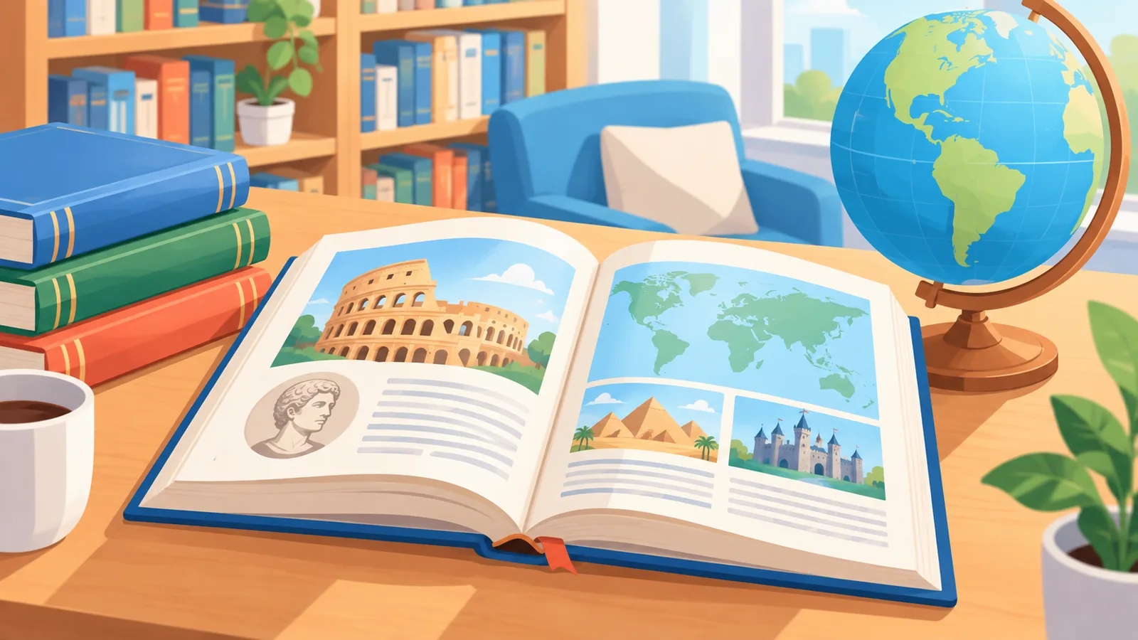 Aufgeschlagenes Weltgeschichtsbuch neben einem Globus