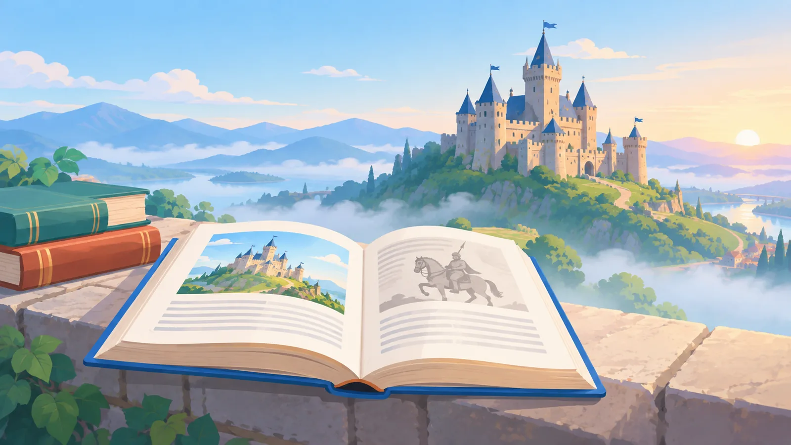 Mittelalterliche Burg im Morgennebel mit aufgeschlagenem Buch