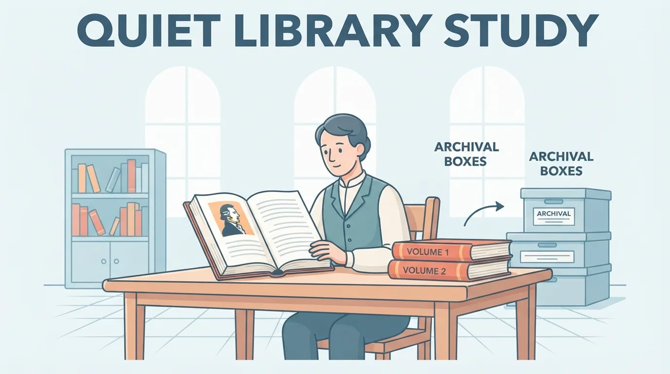 Leseraum einer Bibliothek mit einer Person beim Studium einer Biografie