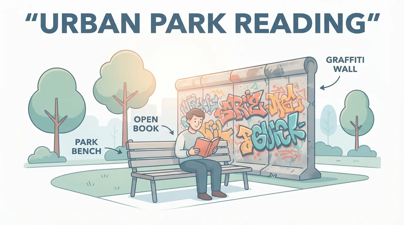 Erhaltenes Mauerstück mit Leser auf einer Parkbank
