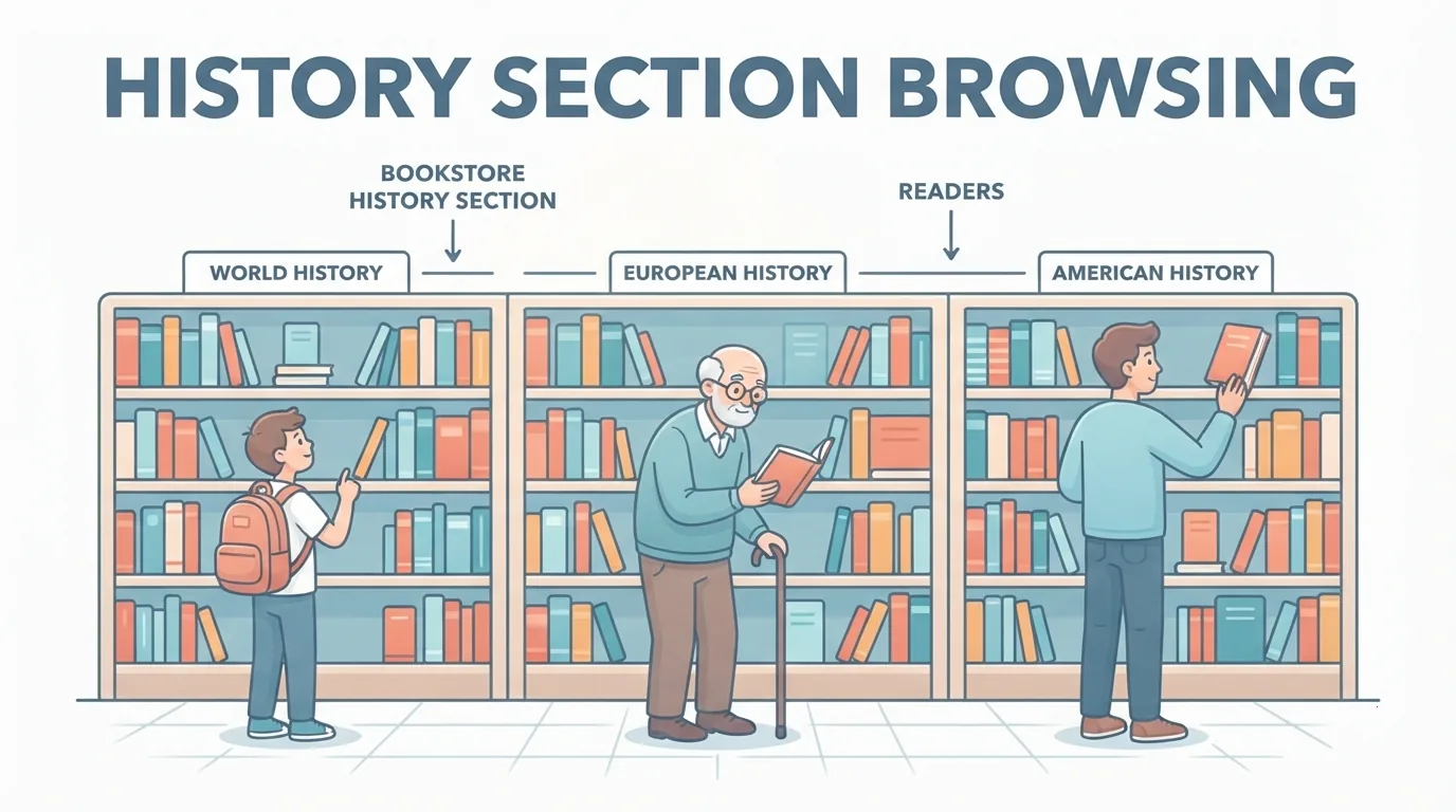 Drei Lesertypen stöbern in der Geschichtsabteilung einer Buchhandlung