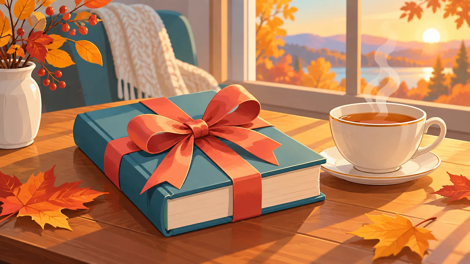 Verpacktes Buchgeschenk neben einer Tasse Tee