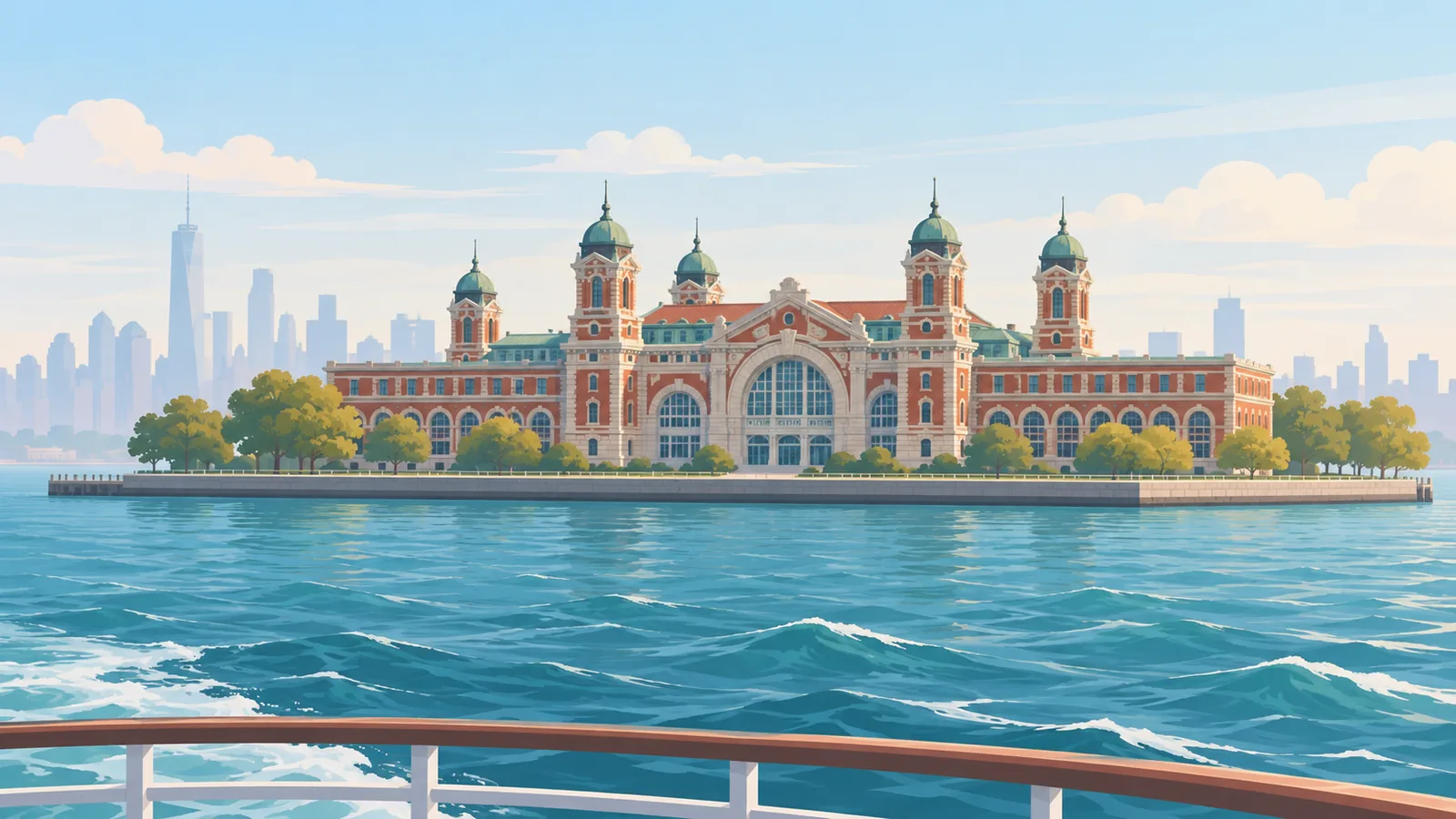 Hauptgebäude von Ellis Island vom Wasser aus
