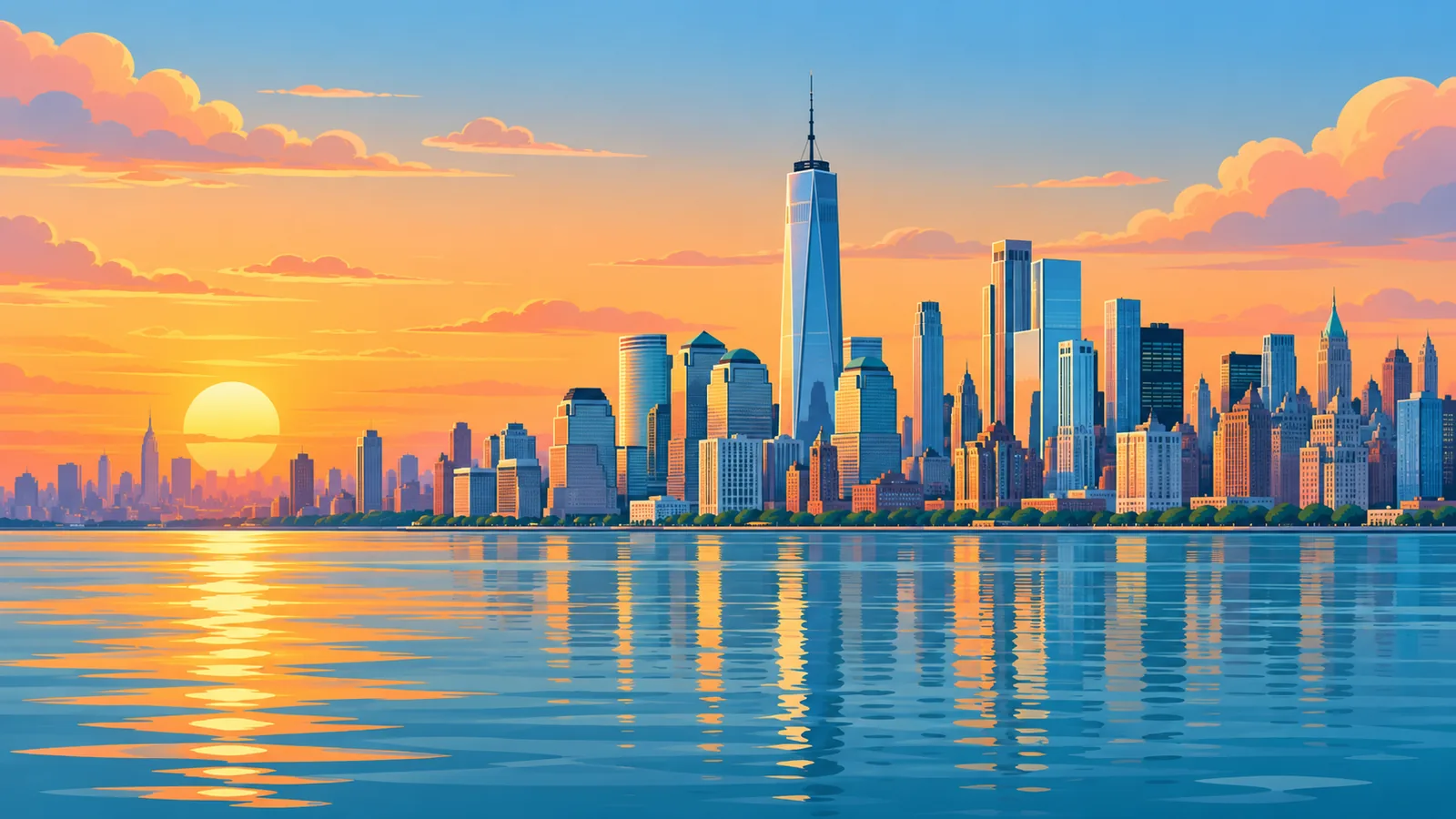 Skyline von Manhattan bei Sonnenuntergang