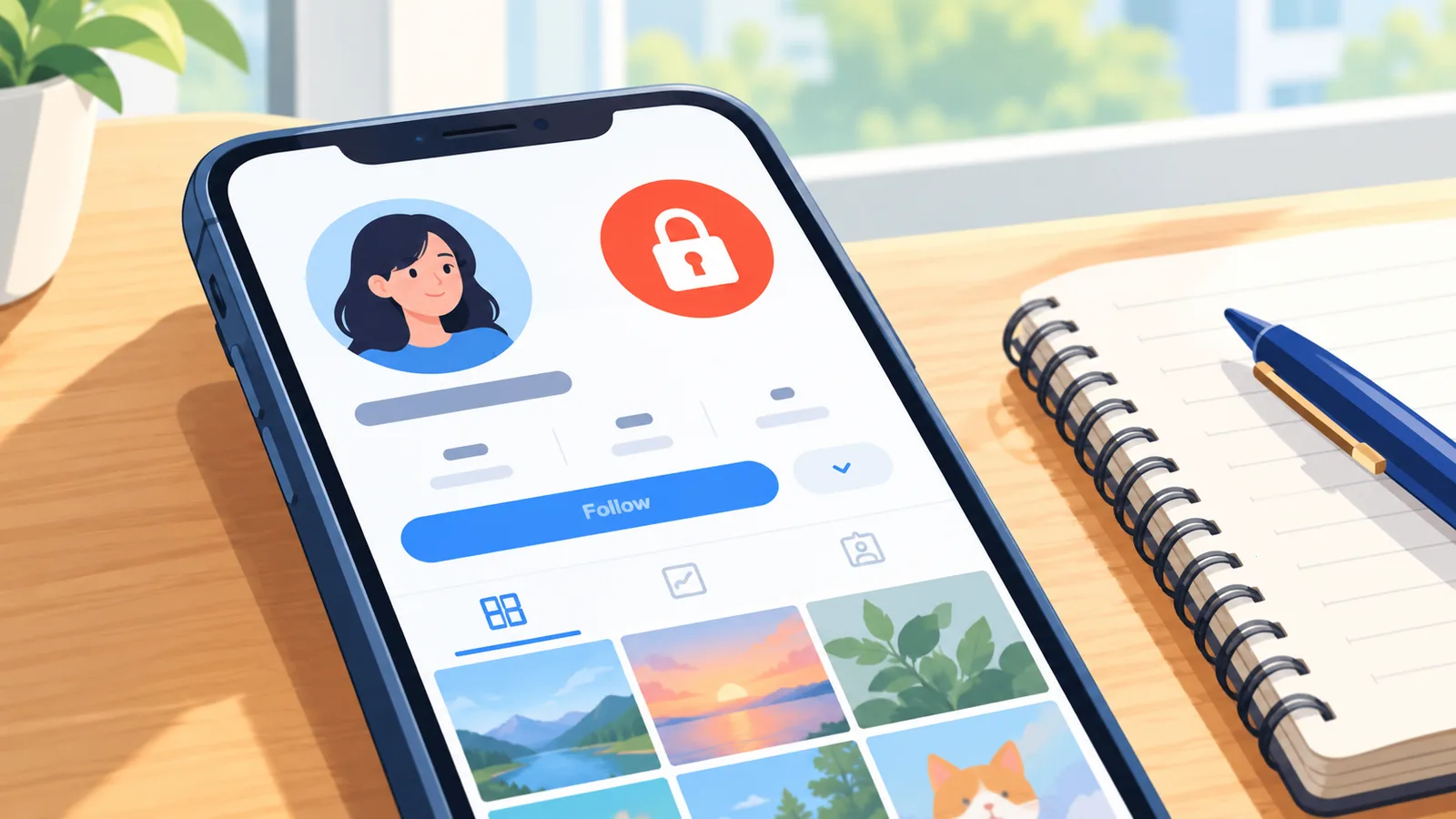 Smartphone mit Profilansicht einer Social-Media-App auf einem Schreibtisch