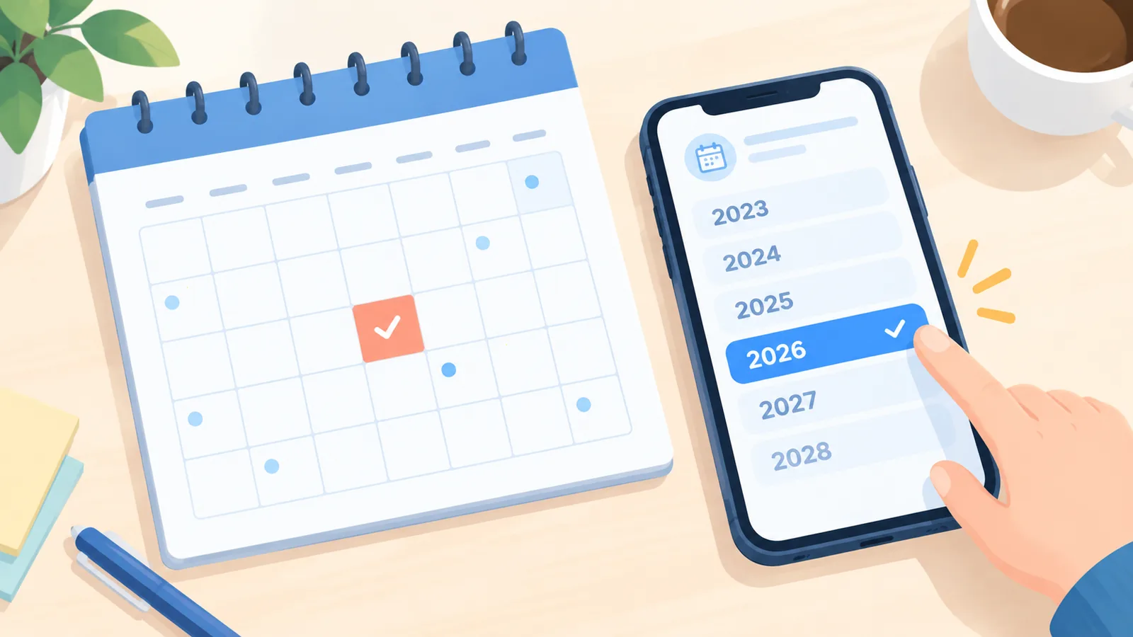 Kalender und Smartphone mit Jahresauswahl von oben