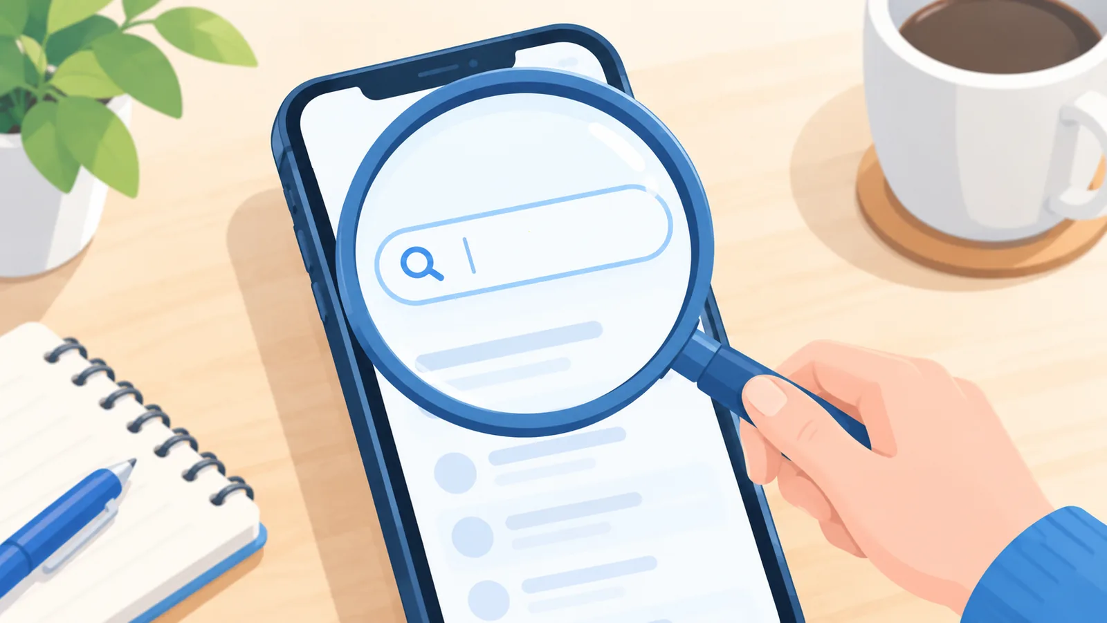 Lupe über einem Smartphone mit leerer Suchleiste