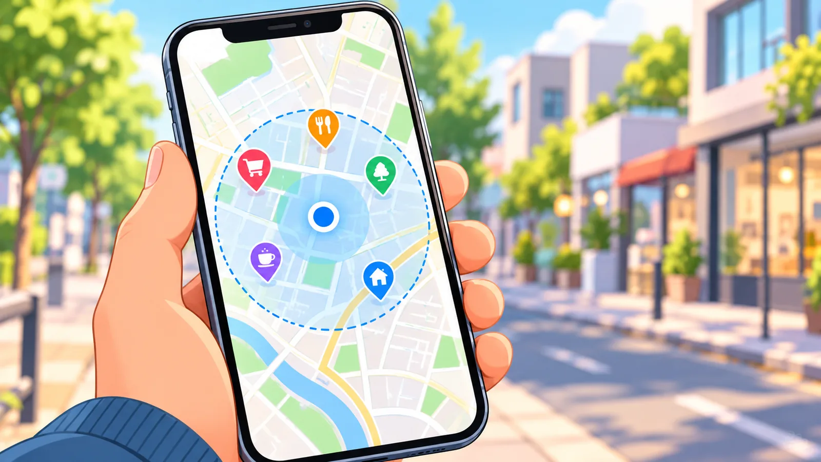 Kartenansicht mit Umkreis von 8 Kilometern auf dem Smartphone