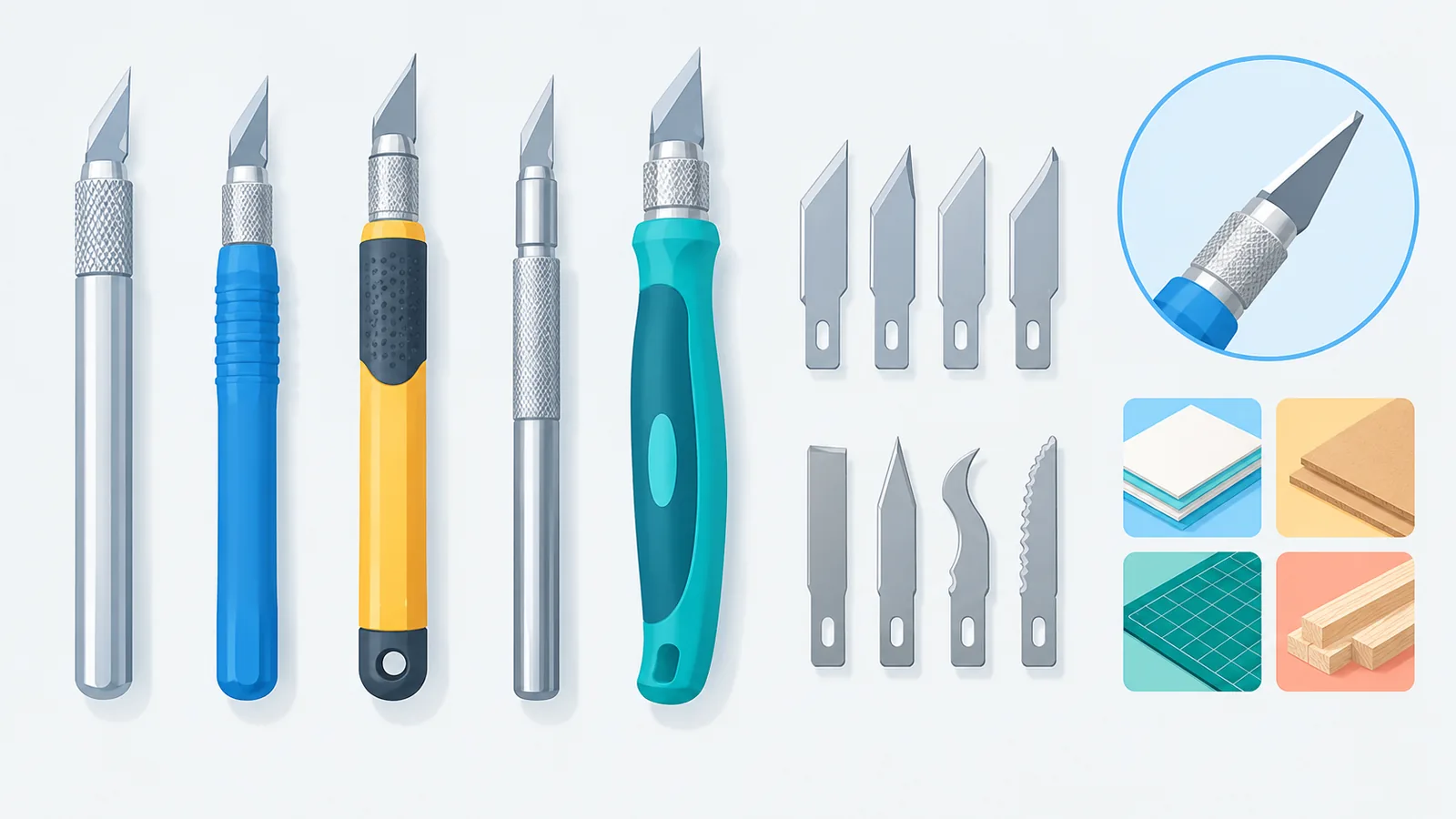 Verschiedene Hobbymesser-Griffe und Klingen im Vergleich