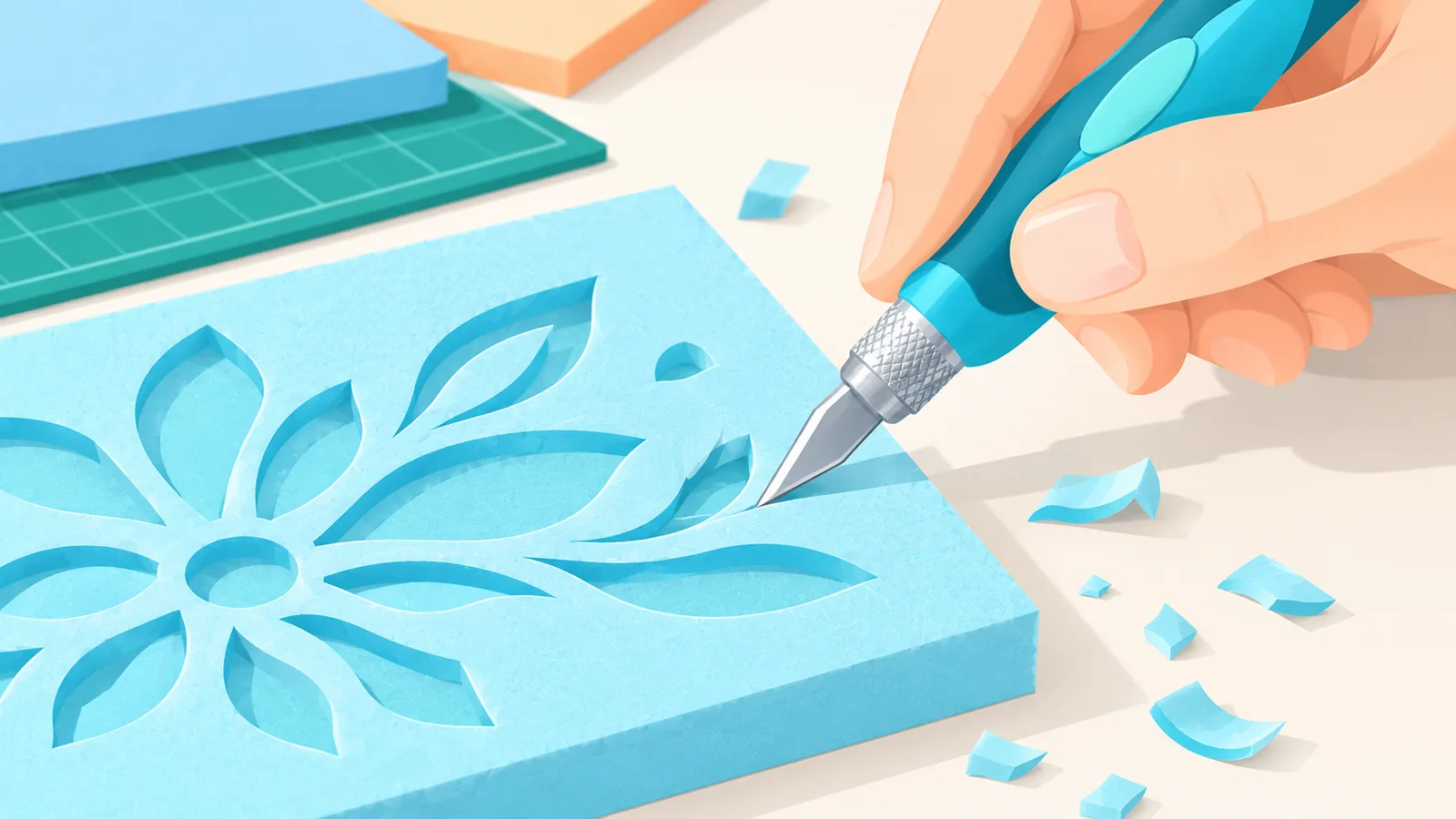 Hobbymesser mit Komfortgriff bei feiner Detailarbeit an Bastelschaum