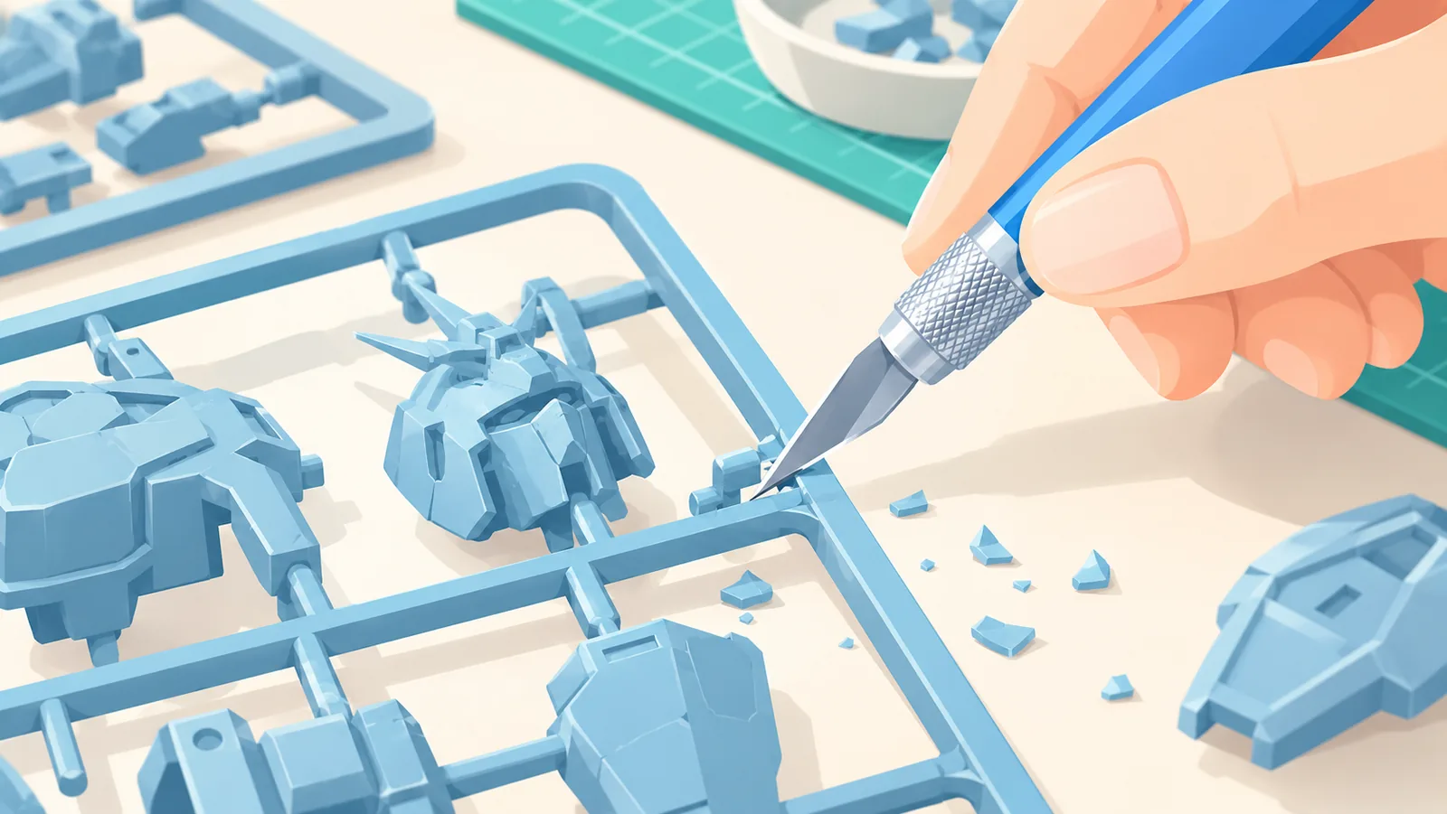 Hobbymesser trennt ein Plastikmodellteil vom Gussrahmen