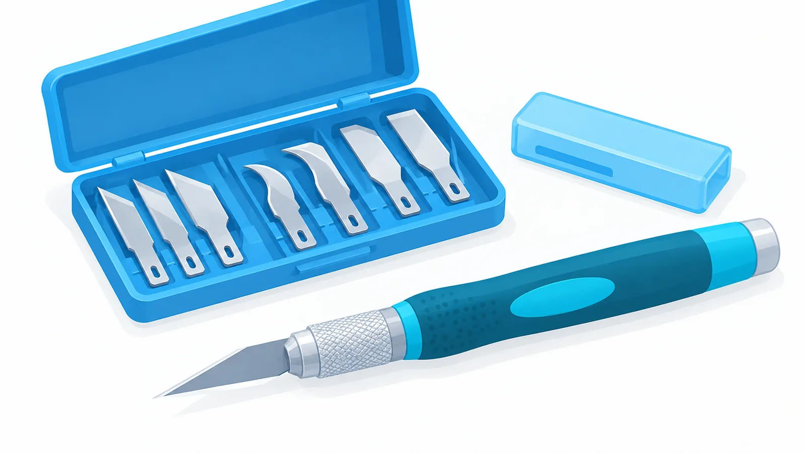 Modellbaumesser mit Schutzkappe und Klingenbox mit verschiedenen Klingenformen