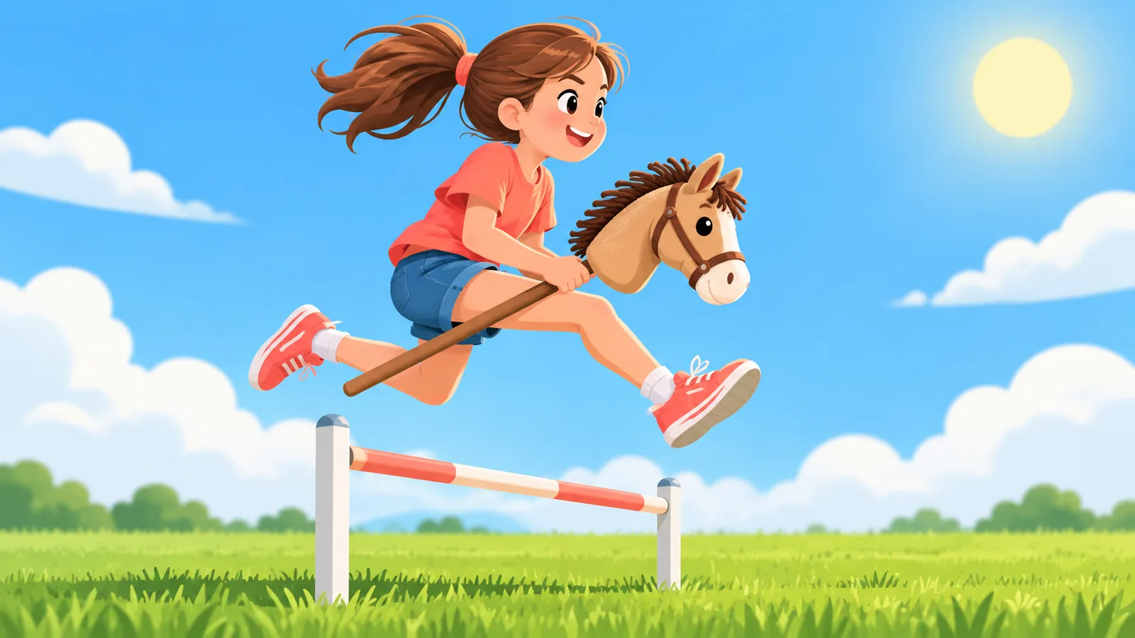 Kind springt mit einem Hobby Horse über eine niedrige Stange auf einer Wiese
