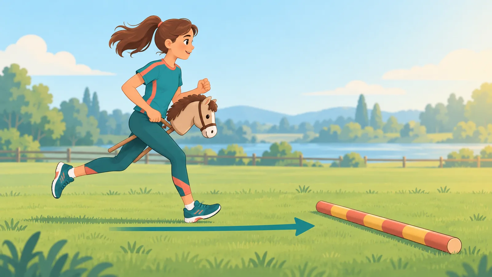 Jugendliche läuft mit Hobby Horse im Anlauf auf eine Bodenstange zu