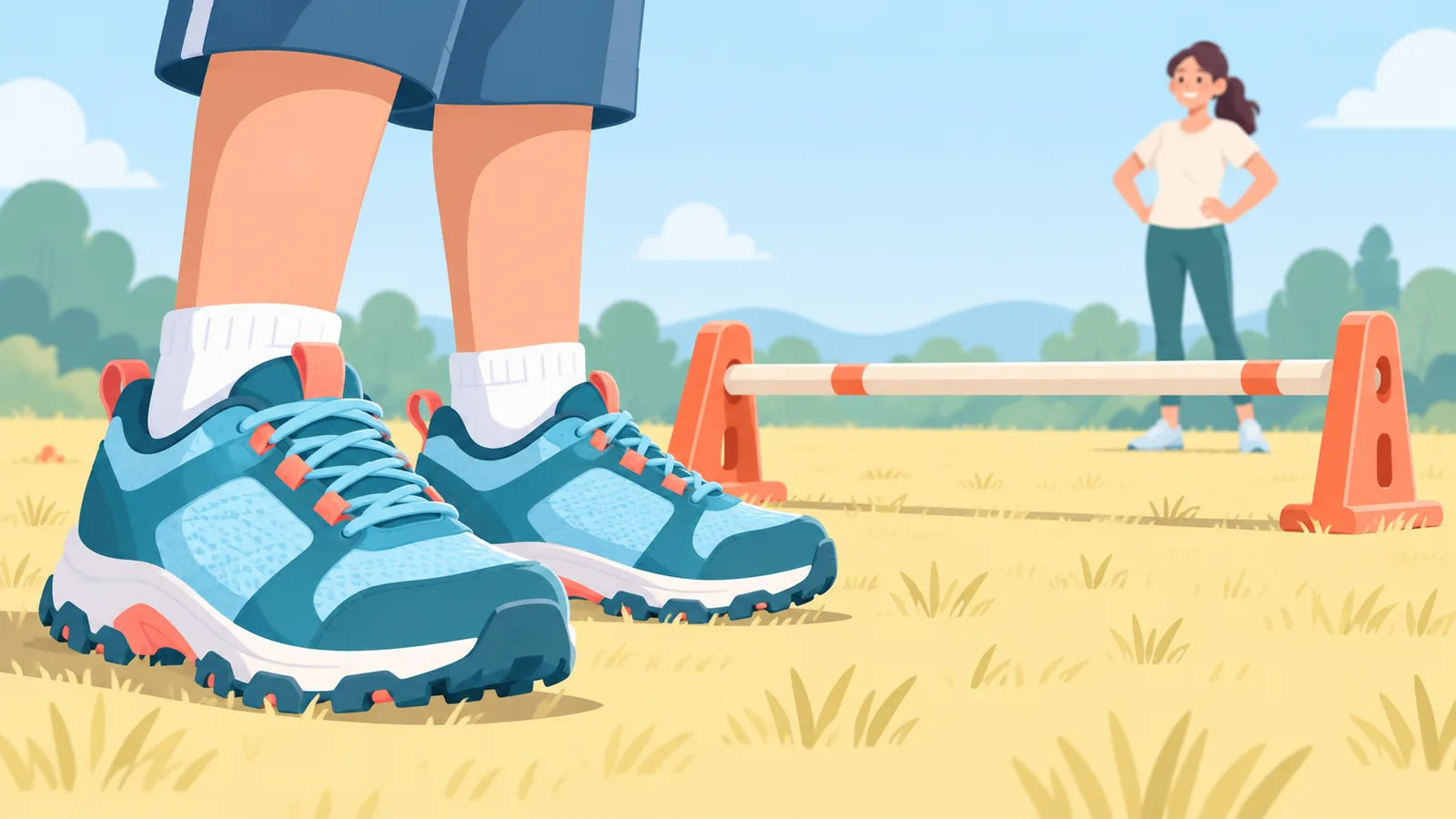 Rutschfeste Sportschuhe am Hindernis, im Hintergrund eine aufsichtführende Person