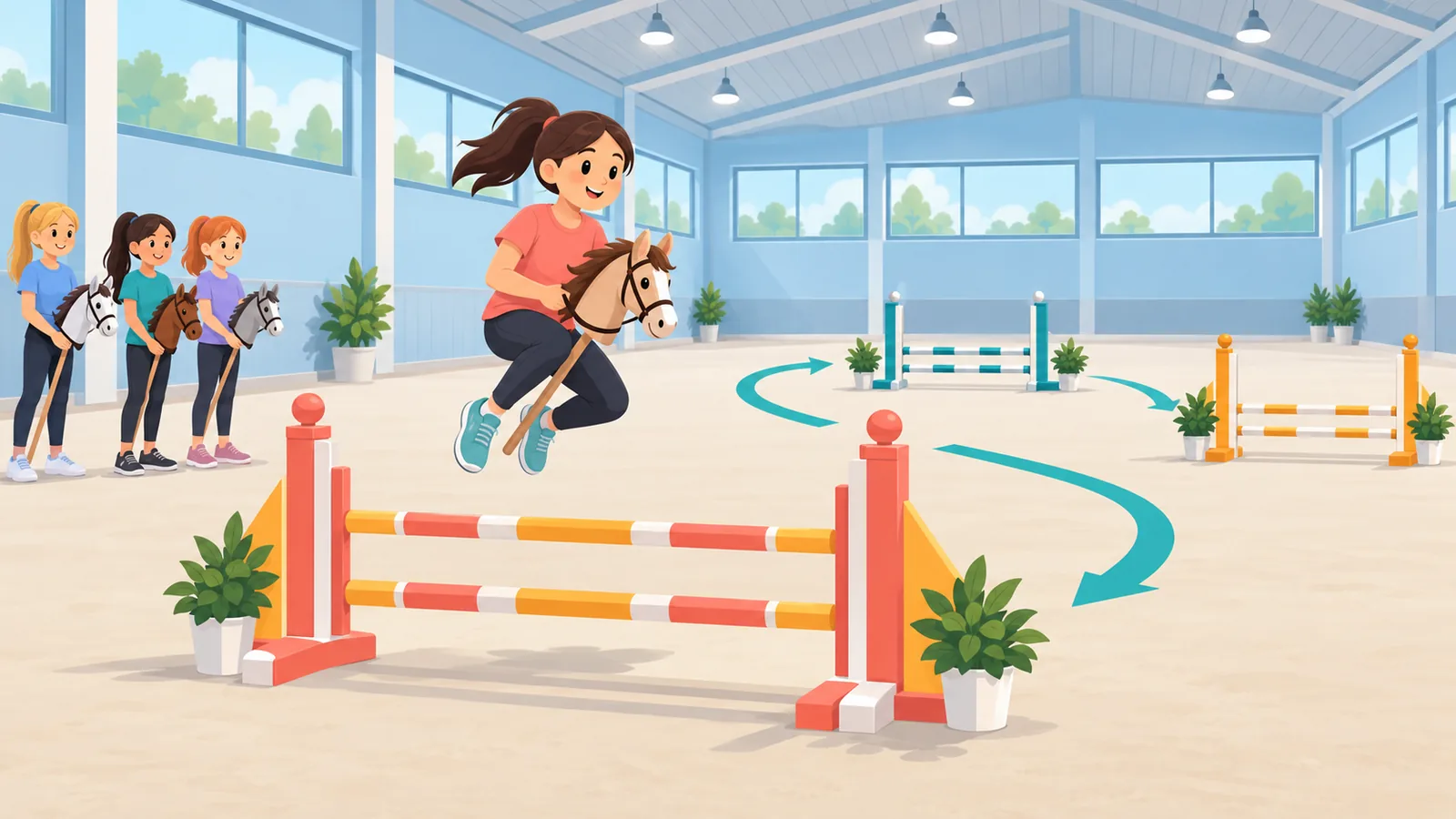Hobby-Horse-Springprüfung in einer Sporthalle mit wartenden Teilnehmenden
