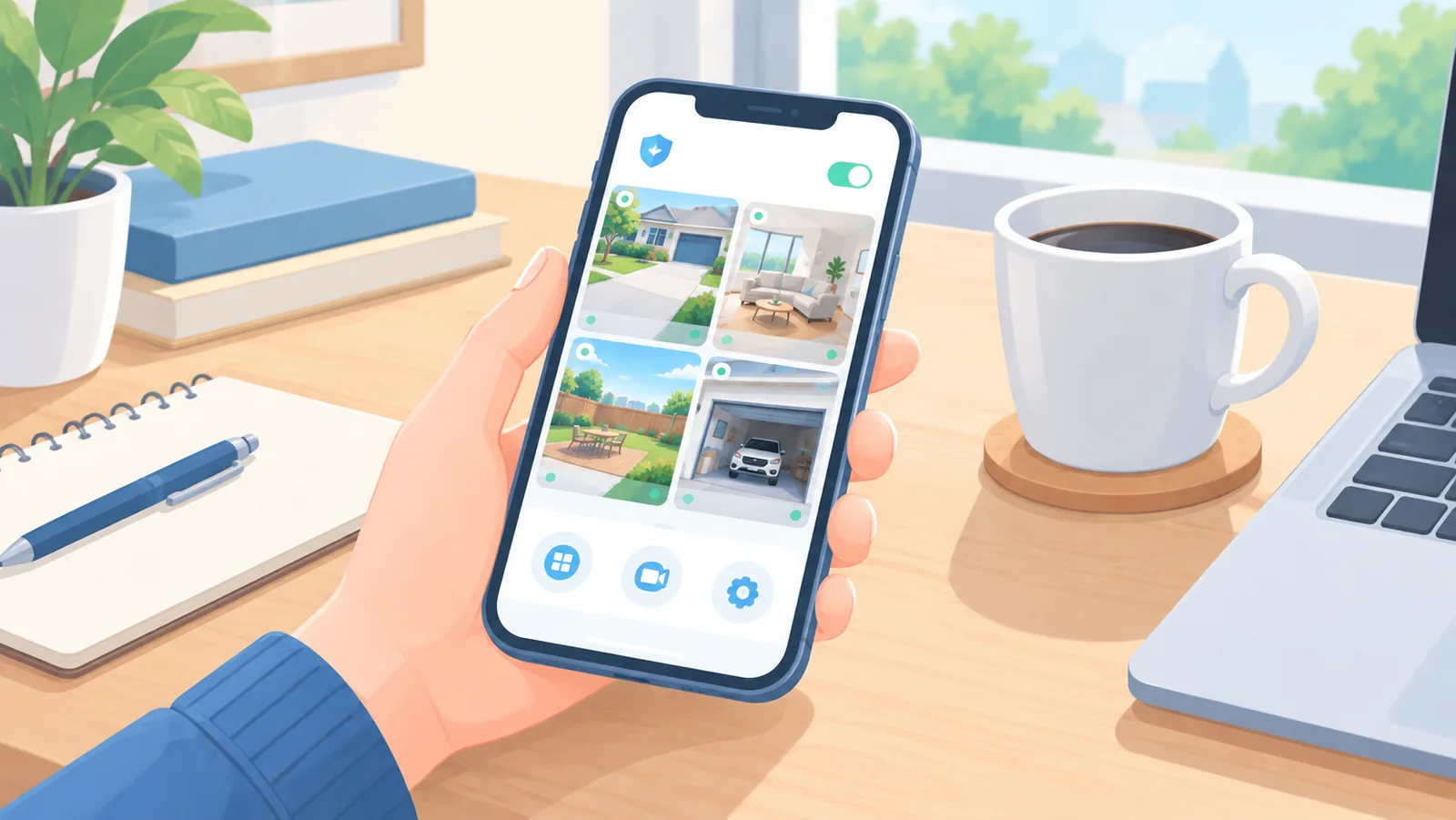 Smartphone mit Kamera-App auf einem Schreibtisch