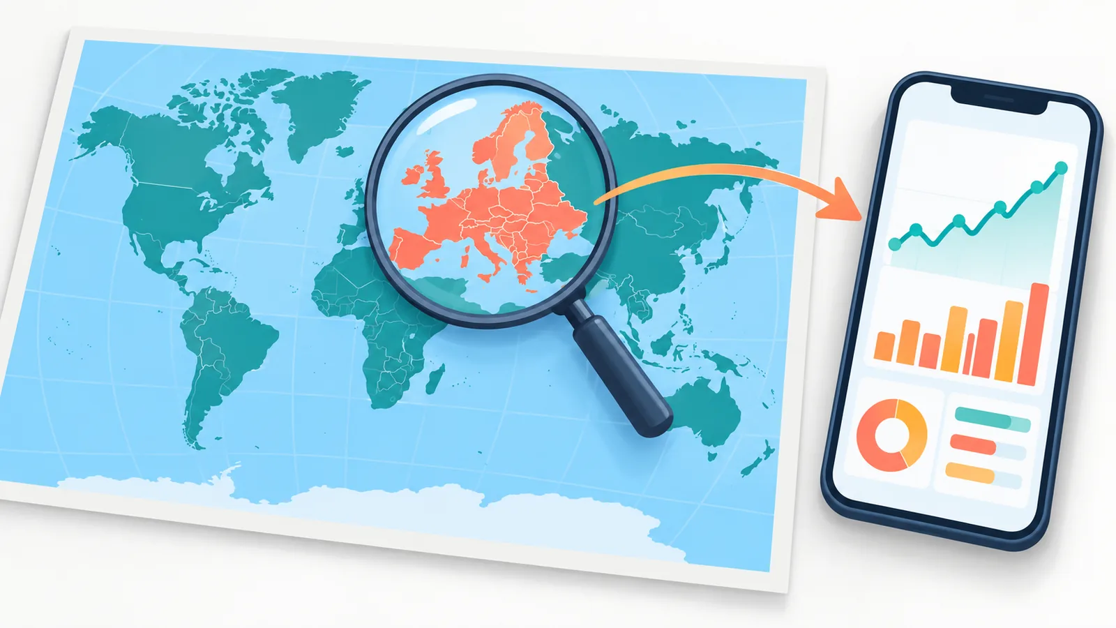 Weltkarte mit Lupe über Europa und Smartphone mit Broker-App