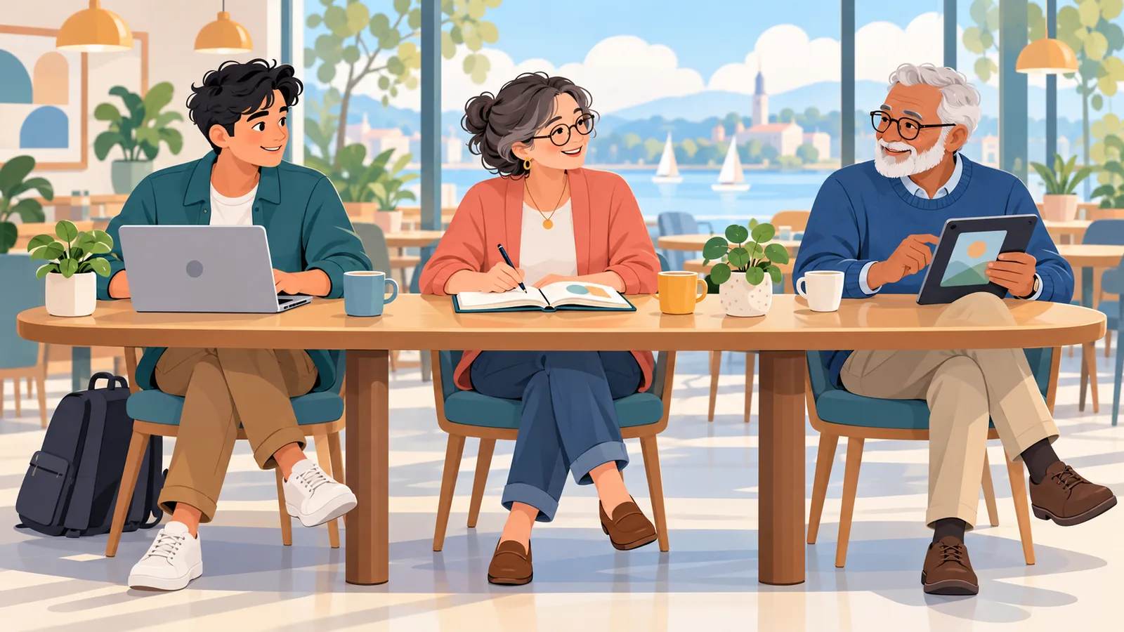 Drei Personen unterschiedlichen Alters in einem Café beim Planen ihrer Geldanlage