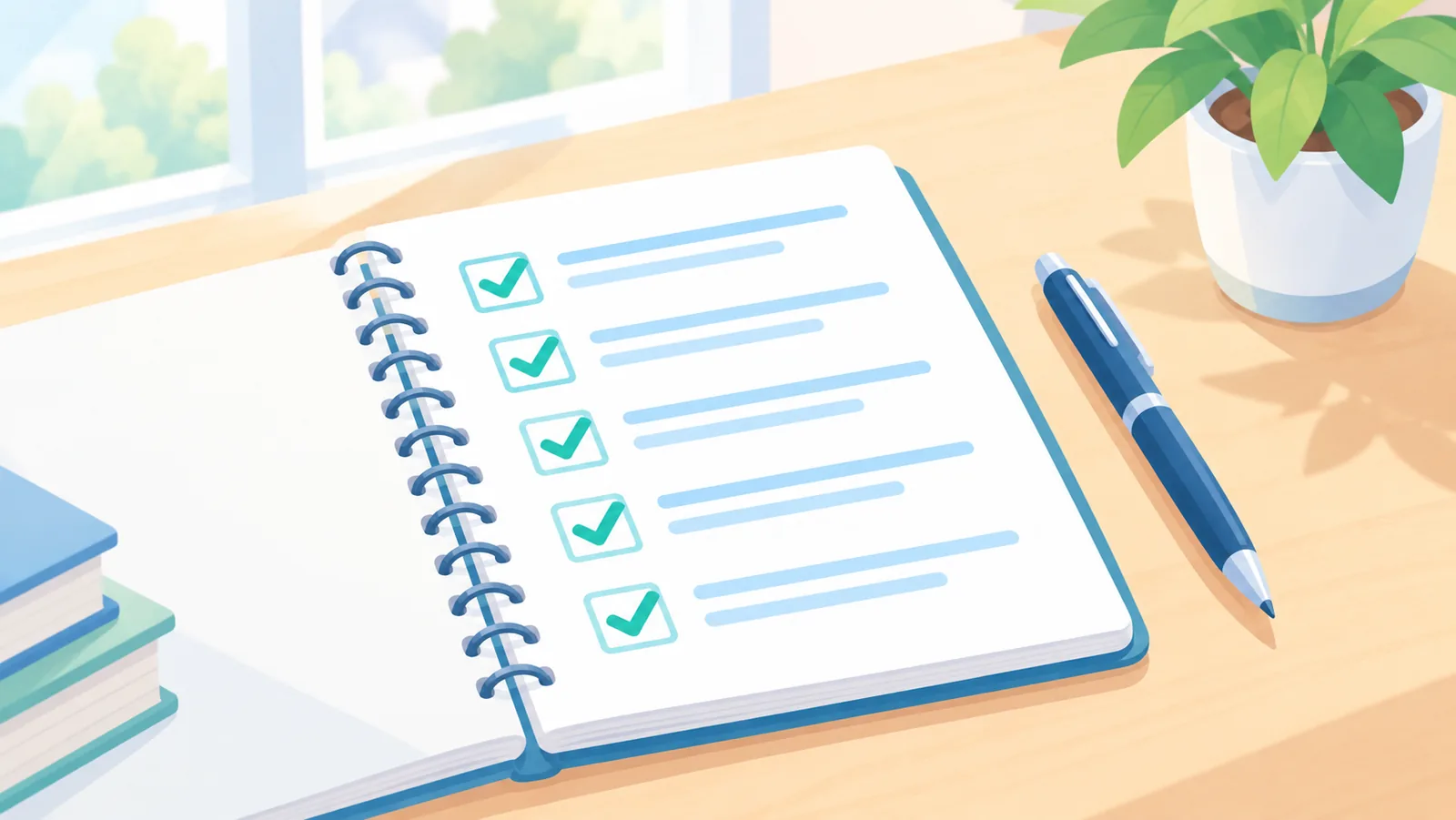 Risiko-Checkliste mit Notizbuch am Schreibtisch