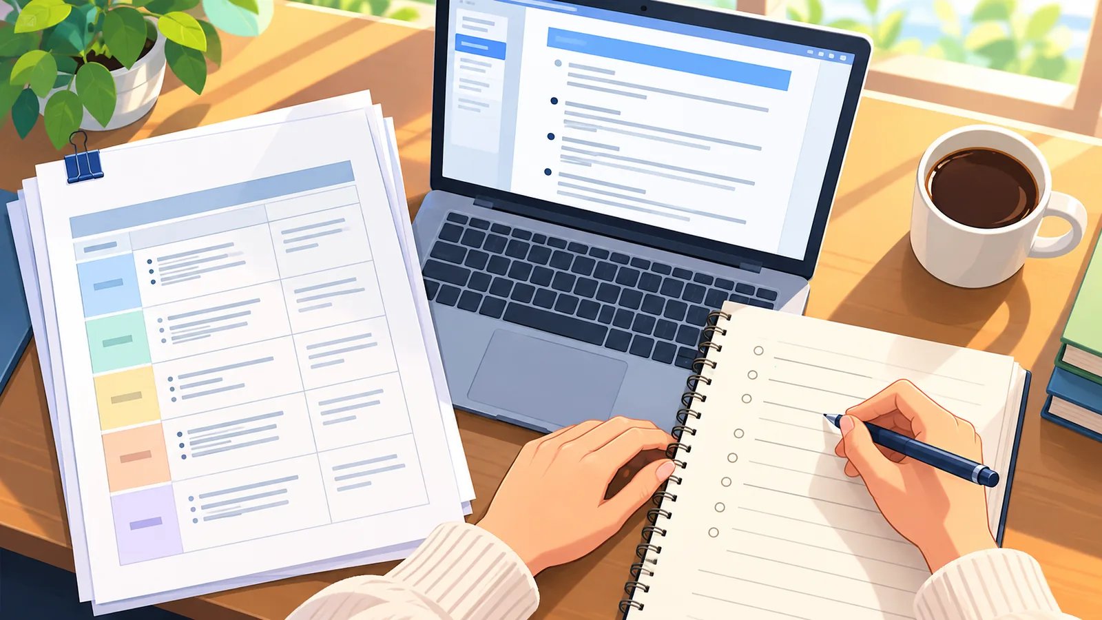 Schreibtisch mit Syllabus, Notizbuch und Laptop für die Outline