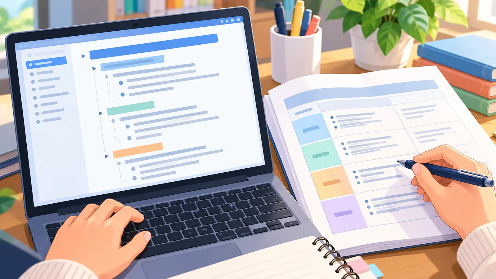 Laptop mit hierarchischer Gliederung neben dem Syllabus
