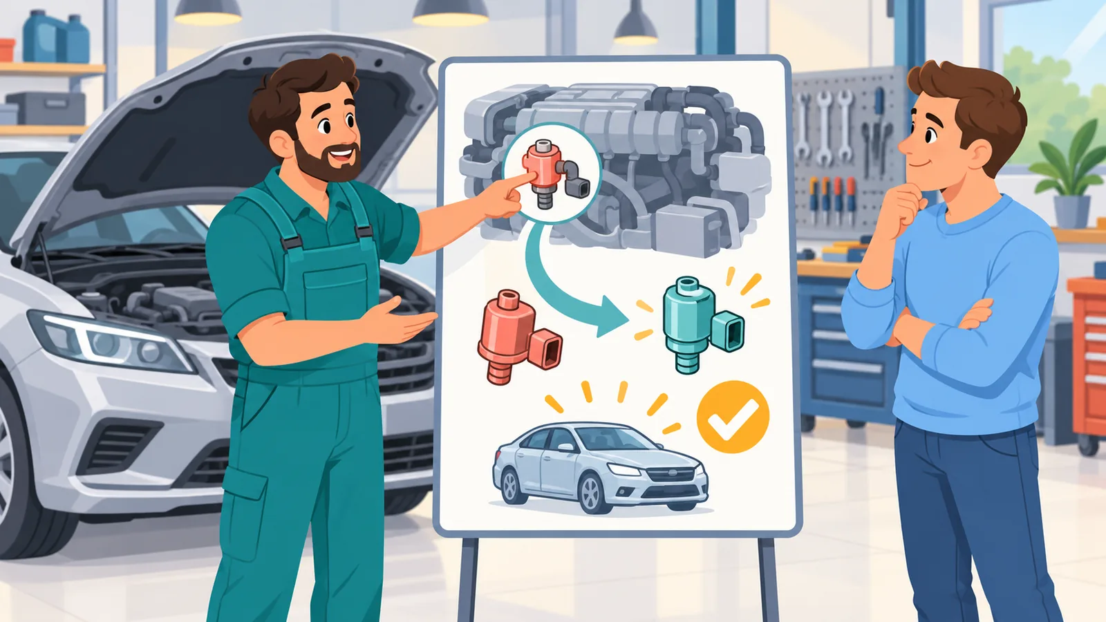 Mechaniker erklärt einer Autobesitzerin die Reparatur