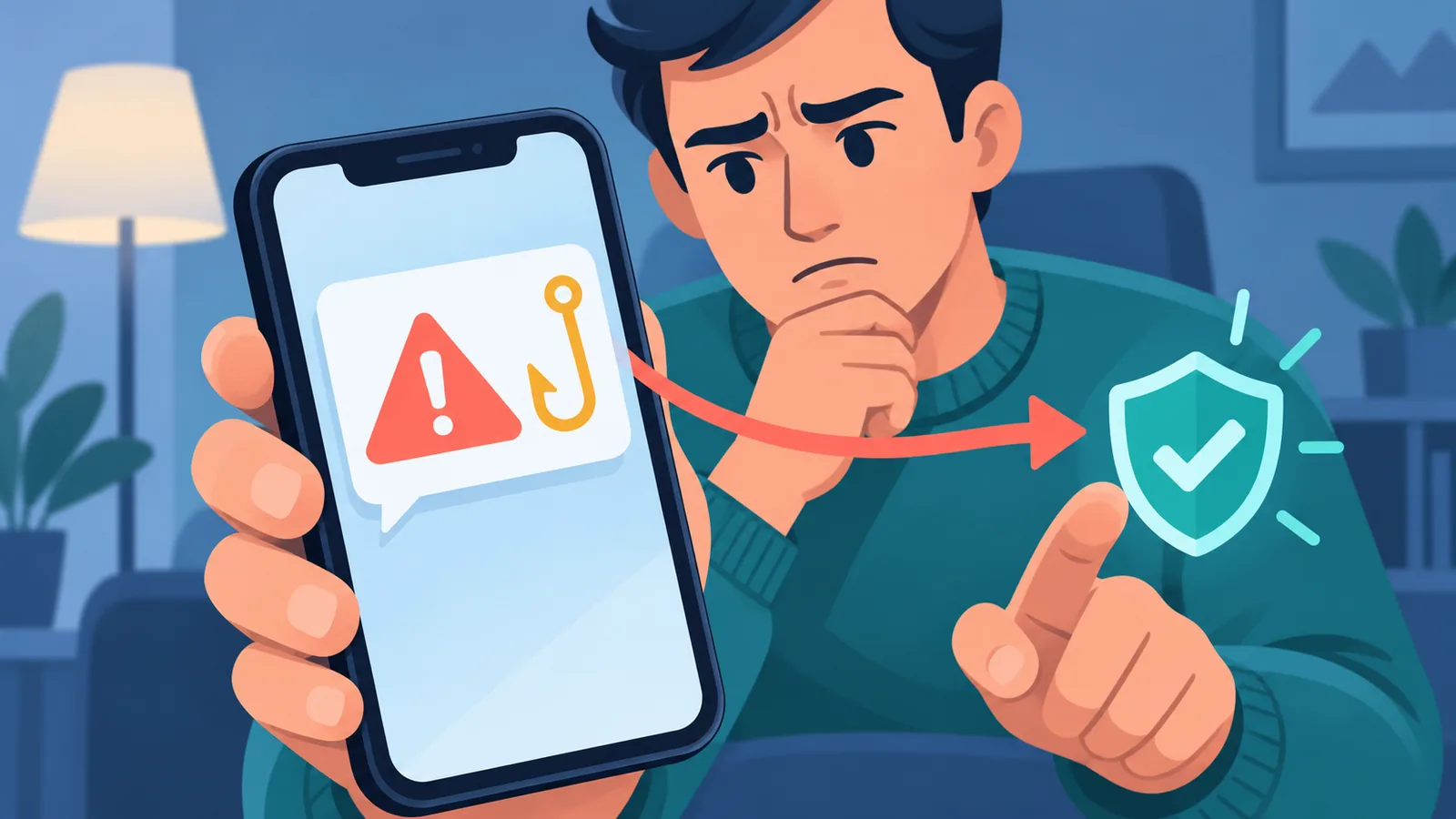 Person betrachtet misstrauisch eine Nachricht auf dem Smartphone