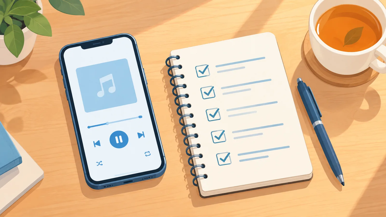 Notizbuch mit Checkliste und Smartphone auf dem Tisch bei der Liedauswahl