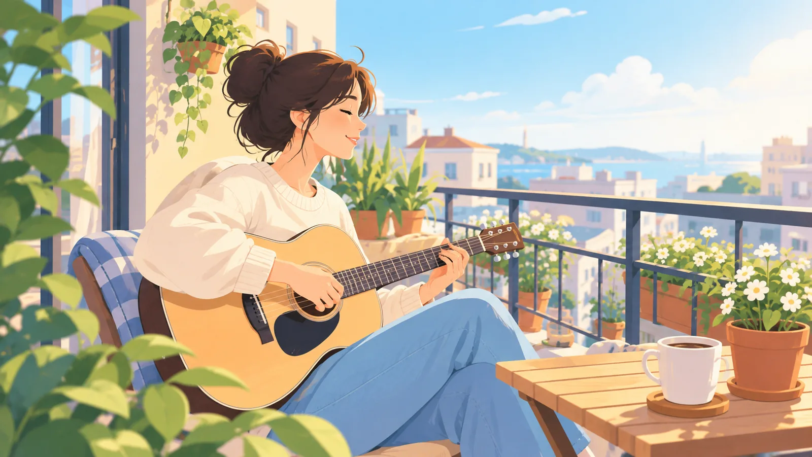 Frau spielt Gitarre auf dem Balkon an einem Morgen