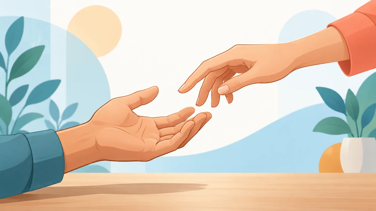 Zwei Hände nähern sich behutsam, eine Hand ist einladend geöffnet