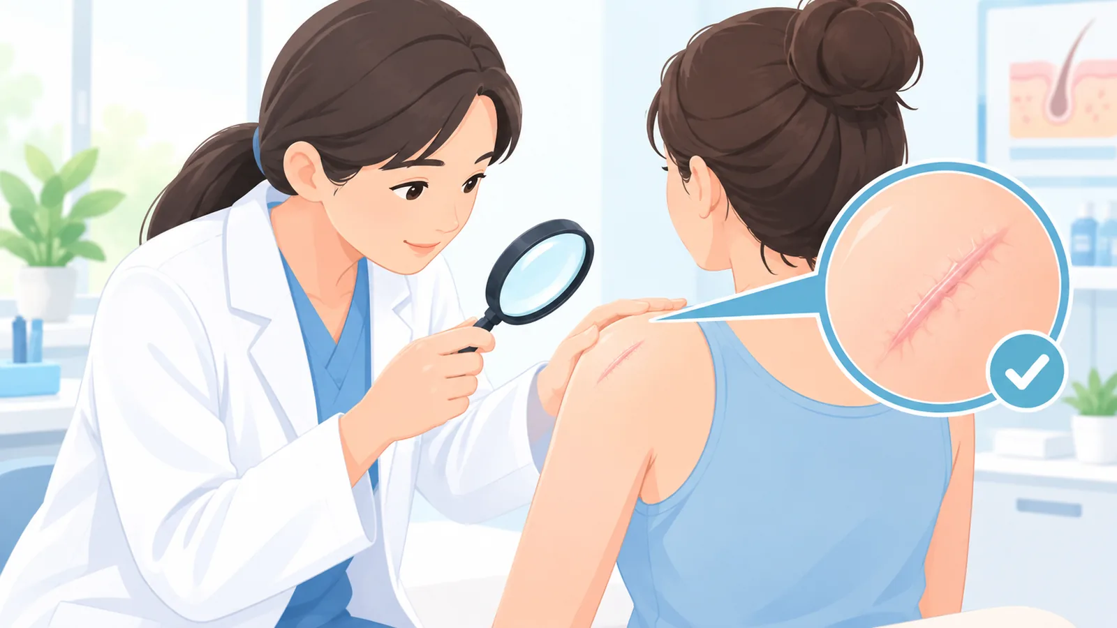 Hautärztin untersucht eine Narbe bei einer Patientin