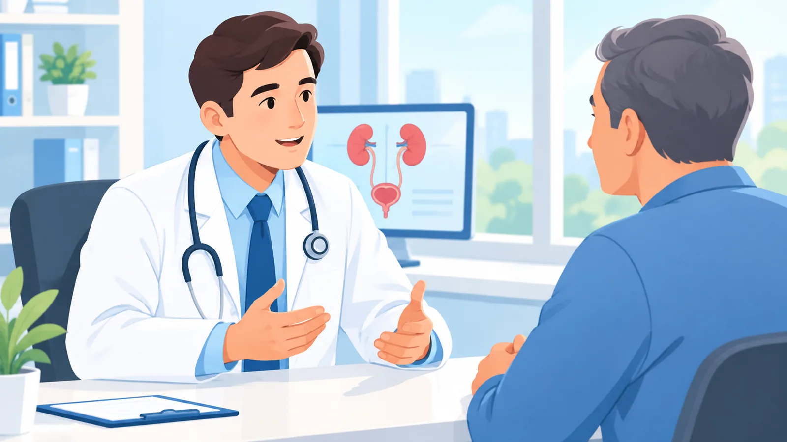 Urologe im Gespräch mit einem Patienten in einer Arztpraxis