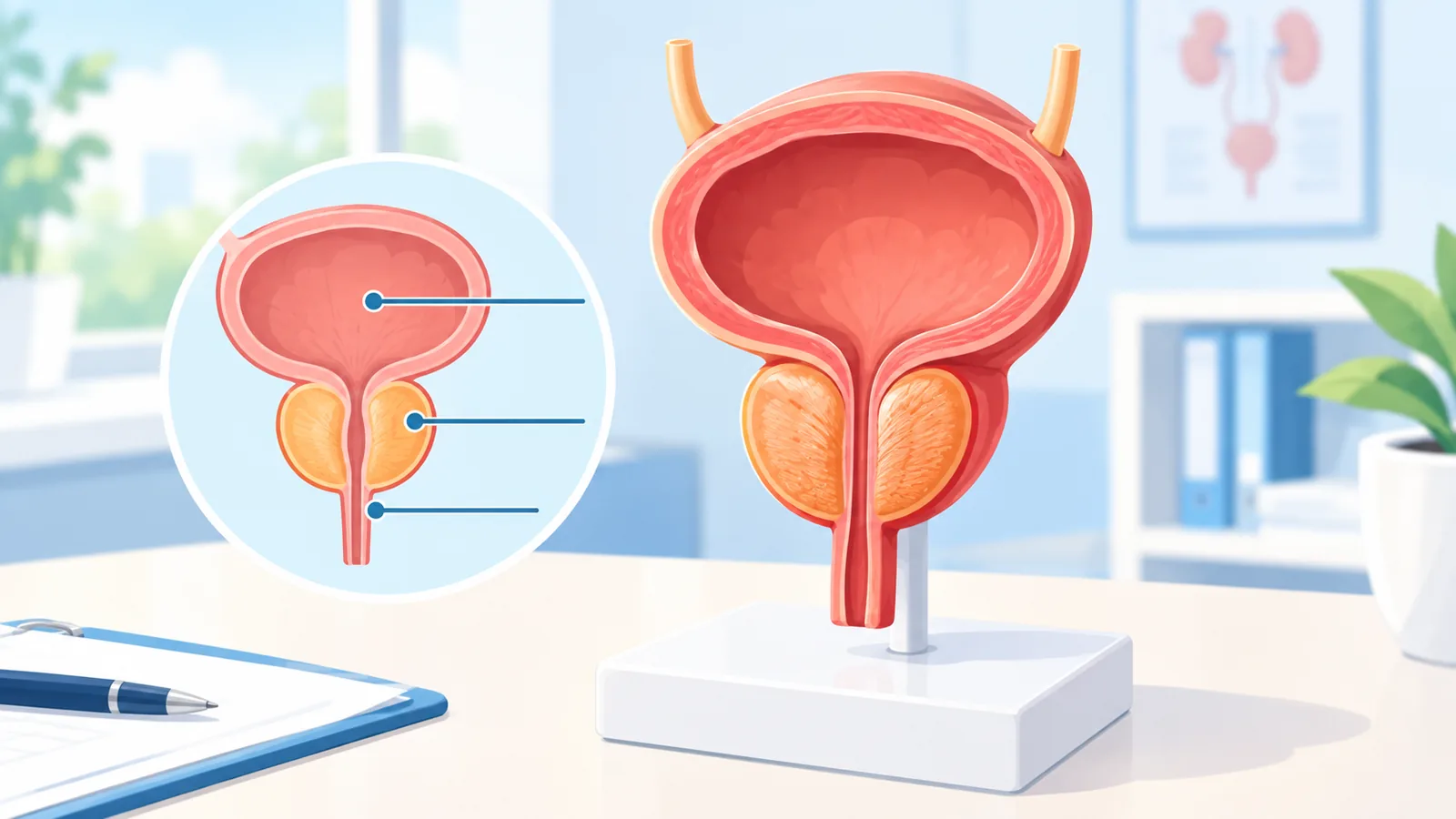 Anatomiemodell von Blase und Prostata auf einem Arzttisch