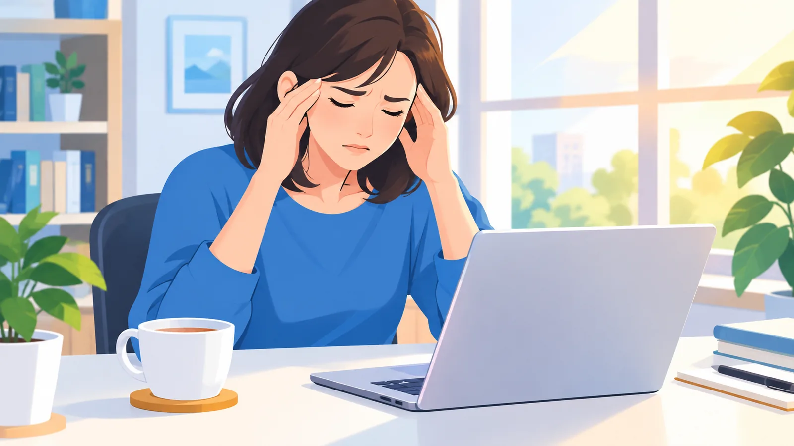 Person im Homeoffice reibt sich die Schläfen bei Alltagsstress